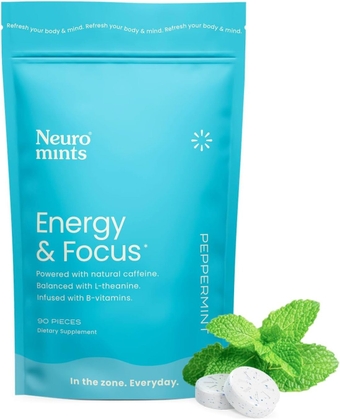 Energy Caffeine Mints (90 Pieces) - Sugar Free with L-theanine + Natural Caffeine + Vitamin B12 & B6 - Nootropic Energy & Focus Supplement for Women & Men - Keto & Vegan, Peppermint Flavor