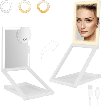 Adjustable Height Portable Folding Travel Makeup Mirror with 3 Colors Light 10X Magnification 2000mha Rechargeable Tabletop Vanity Mirror Brightness Adjustable M3003-2000