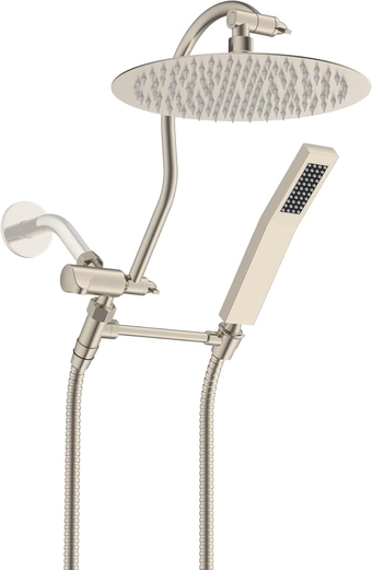 All Metal Shower Head, 10'' High Pressure Rainfall Shower Head, Showerhead Combo/Handheld Shower Wand, 12'' Adjustable Curved Shower Extension Arm, 71'' Hose, 2 Shower Holders, Brushed Nickel