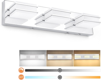 3 Color Temperature Dimmable Bathroom Light Fixtures over Mirror LED Chrome 3 Light Bathroom Vanity Light Fixtures Acrylic Stainless Steel Square Shade Vanity Lights for Bathroom, ETL Certificated
