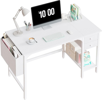 White Small Desk with Drawers - 40 Inch Computer Desk for Small Space Home Office, Modern Simple Study Writing Table PC Desks