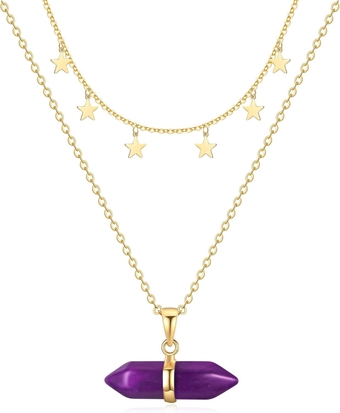 Crystal Necklaces for Women, Double Layered Healing Crystal Pendant for Spiritual Energy Healing Hexagonal Pendant Divination Necklace Quartz Yoga Healing Stones Chain Necklace
