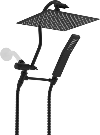 All Metal Shower Head, 10'' High Pressure Rainfall Shower Head, Showerhead Combo/Handheld Shower Wand, 12'' Adjustable Curved Shower Extension Arm, 71'' Hose, 2 Shower Holders, Matte Black