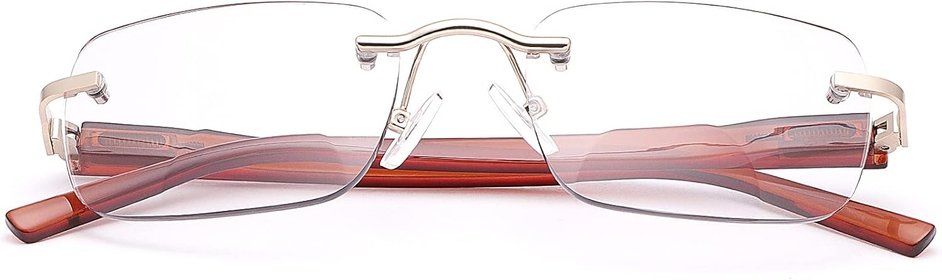 Rimless Bifocal Reading Glasses Spring Hinge Photochromic Sun Readers Transition Shades Computer Blue Light Blocking Sunglasses UV400 Protection Anti Glare Eyewear Gaming Eyeglasses for Men and Women