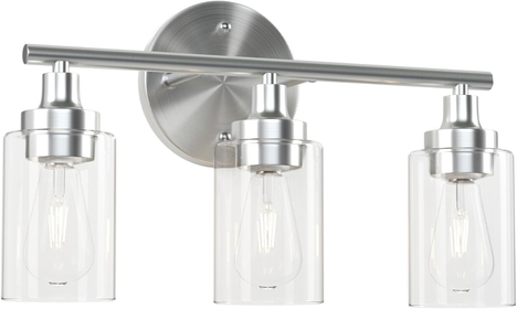 Bathroom Light Fixtures, 3-Light Vanity Lights, Bathroom Light Over Mirror with Clear Ribbed Glass Shades, Modern Vanity Light for Bathroom, Wall Light with Nickel Finish