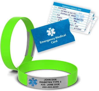 MedicBand Medical Alert Bracelets for Men and Women. Incl. 4 Lines Custom Engraving, Emergency Medical Information Card, Complimentary Access PHR (Personal Health Record) - Lime Green