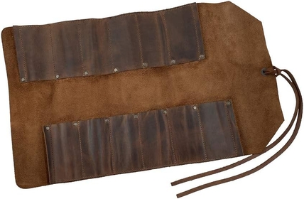 & , Big Tool Roll-Up Bag with 12 Slots, Workshop Storage, Woodworking Tools Organizer, Rustic Case, Full Grain Leather, Handmade, Bourbon Brown