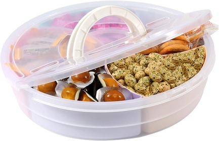 Veggie Tray with Lid&Handle Divided Serving Platter Round Snackle Box Charcuterie Container Plastic Food Compartment Party Storage Large Snack Organizer for Appetizer Fruit Nuts Vegetable Relish