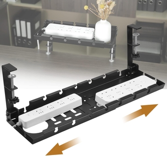 Under Desk Cable Management Tray, 14"-21" Retractable Cord Organizer for Desk, No Drill Cable Tray Basket for Wire Management, Sturdy Metal Cable Management with Clamp for Home Office