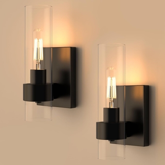 Wall Sconces Set of 2, Matte Black Bathroom Vanity Light with Cylinder Clear Glass, Modern Hardwired Vanity Wall Lamps for Bathroom, Bedroom, Living Room, Stairs, Hallway