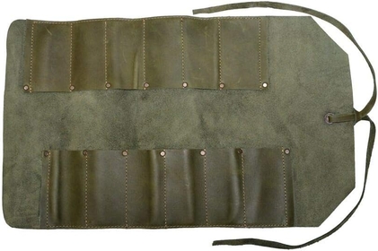 & , Big Tool Roll Up Bag with 12 Slots, Workshop Storage, Woodworking Tools Organizer, Rustic Case, Full Grain Leather, Handmade, Dark Jade