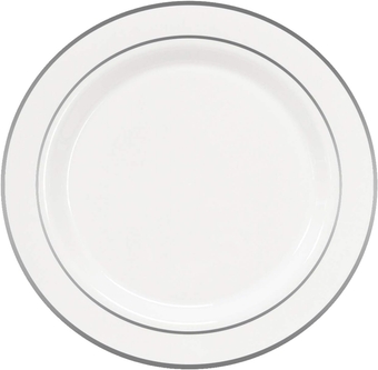 40-Count Hard Plastic 9" Divine Dinnerware Disposable Lunch/Dinner Plates, White with Silver Band