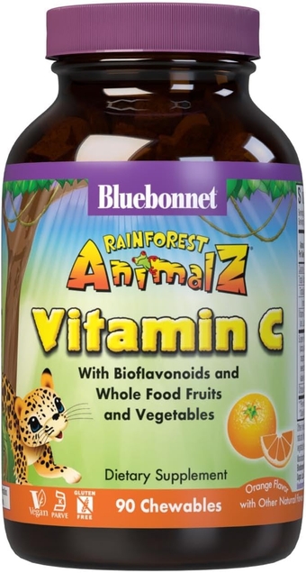 Nutrition Rainforest Animalz Vitamin C Animal Shape Chewable Tablets, 250mg of Vitamin C, Soy-Free, Gluten-Free, Kosher Certified, Dairy-Free, Vegan, 90 Tablets, 45 Servings, Orange Flavor