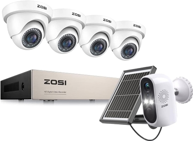 8CH 1080P H.265+ Home Security Camera System,5MP Lite 8 Channel CCTV DVR and 4pcs 1080P 1920TVL 2MP Outdoor Indoor Surveillance Dome Camera&C1 Wireless Battery Camera with Solar Panel(NO HDD)
