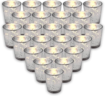 Mercury Glass Votive Candles Set of 24 - Small Candles in Candle Jars Decorative Candles for Wedding Favors Gifts or Home Decor Soy Wax 8-10 Hour Burn Time - Silver