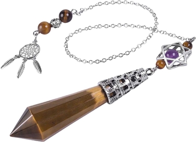 Reiki 12 Faceted Crystal Pendulum for Dowsing Divination Chakra Stone Pendant with Dream Catcher & Merkaba Star Chain, Tiger’s Eye