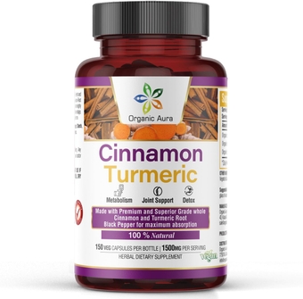 Cinnamon Turmeric Capsules. 1500mg - 150 Veg Capsules. Pure Ingredients and Dietary Friendly. Non GMO and Gluten Free
