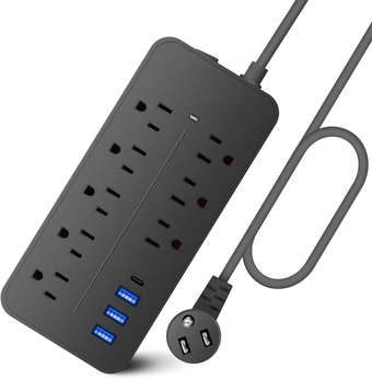 15FT Surge Protector Power Strip Extension Cord with USB C,  Flat Plug Power Strip with Long Cord, 8 Outlets and 3 USB A & 1 USB-C Port,1700J Wall Mount Desk Multiple Outlets Black