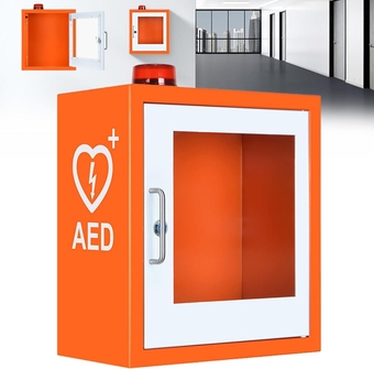 Wall Mounted AED Defibrillator Cabinet, Metal AED Defibrillator Storage Cabinet with Alarm Light, AED Defibrillator Cabinet with Anti-Theft Device and Keys for Home and Office
