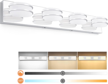 3 Color Temperature Dimmable Vanity Lights for Bathroom LED Chrome 4 Light Bathroom Vanity Light Fixtures Acrylic Stainless Steel Oval Shade Bathroom Light Fixtures over Mirror, ETL Certificated
