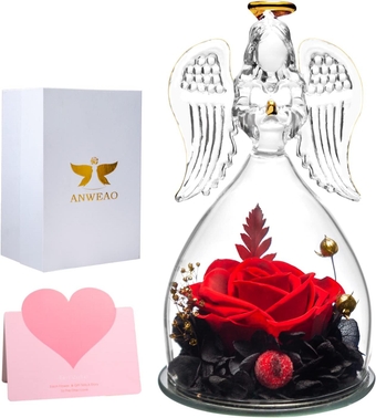 Mothers Day Rose Gifts for Mom,Rose Flowers Fresh Bouquet Flower Angel Gifts Preserved Real Rose,Guardian Angel Figurines Forever Flowers Gifts in Glass, Women Gifts for Anniversary Birthday