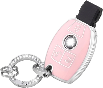 Key Fob Cover for Mercedes Benz 3 Button Pink Keys Shells Case with Bling Keychain Soft TPU Keycover for Benz AMG GT R C CL CLA CLS E GL GLA GLC GLK SLC SLK Cute Girly Accessories