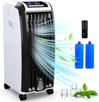 Evaporative Cooler, Portable 4-in-1 Air Conditioner w/Humidifier & Anion, Bladeless Electric Fan w/3 Wind Modes, 3 Speeds & 7.5H Timer, Remote, Built-in Handle, 4 Wheels for Home Office