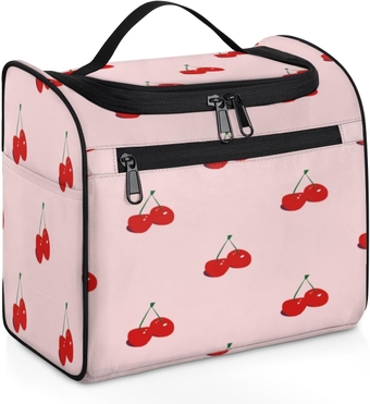 Cherries Pair Travel Makeup Bags for Women Men, Water-resistant Hanging Toiletry Organizer wtih Metal Hook for Bathroom Toiletries, Portable Cosmetic Bag with Multiple Compartments