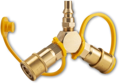 Propane Quick Connect Splitter, 1/4" RV LP Natural Gas Hose Quick Connect Adapter Propane Tee Y Splitter 2 way for Trailer BBQ