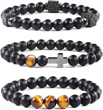 Easter Gifts for Men Cross Bracelet Natural Stone Bracelet for Men Lava Rock Stone Black Matte Tiger Eye Bracelet for Mens