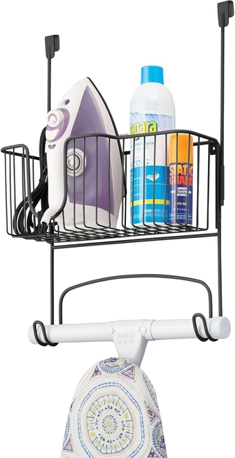 Steel Metal Over Door Ironing Board Holder with Large Storage Basket for Laundry, Utility, Mudroom, Garage - Holds Iron, Board, Spray Bottles, Starch, Detergent, Fabric Refresher - Matte Black