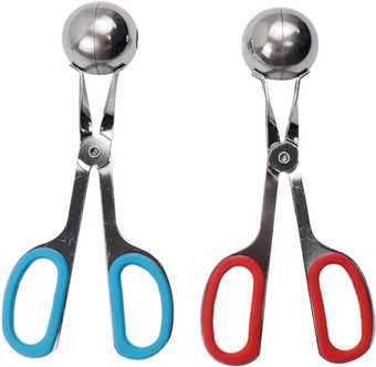 2 Pcs Meatball Maker Tongs None-Stick Meatball Maker Stainless Steel Meat Ballers Scoop Ball Maker Ice Tongs for Meat, Cake Pop, Ice Cream Scoop, Fruit, Cookie Dough, Melon -Red & Blue（M Size）