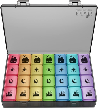 Extra Large Weekly Pill Organizer 4 Times a Day, XL Large Pill Box, 7 Day Medicine Organizer,Black Pill case for Vitamin/Fish Oil/Supplements