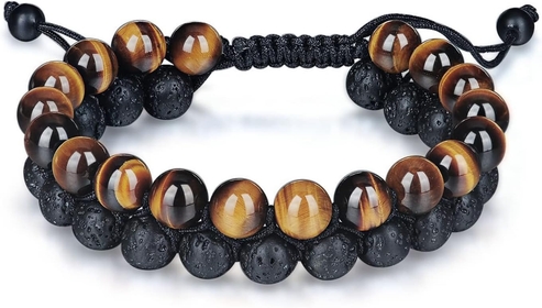 Triple Protection Bracelet 8mm Mens Natural Stone Bracelet Hematite Tiger Eye Healing Beads Bracelets Adjustable Essential Oil Diffuser Lava Stone Bracelet Gifts for Men and Women Anxiety Relief Bracelets Lava Rock Agate Bracelet,Wrist Beads for Men