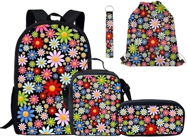 Colorful Flower Print Backpack with Lunch Box + Pencil Box + Drawstring Bag + Keychain 5Pcs Set 15 Inch Bookbag Back Packs Schoolbags for Kids Women Daypack Rucksack Satchel