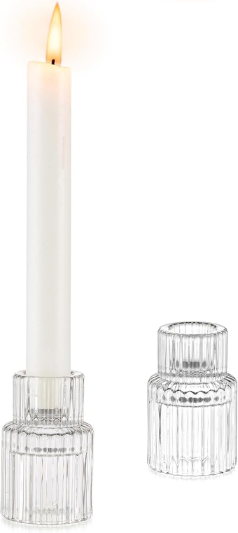 Glass Candlestick Taper Candle Holder:  Set of 2 Small Candle Holders for Candlesticks, Modern Crystal Clear Tapered Candle Stick Holder for Wedding Dining Table Centerpiece Christmas Decor