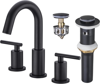 2-Handle 8-Inch Widespread Bathroom Sink Faucet Brass 3 Hole Vanity Faucets with Metal Pop Up Drain and cUPC Water Supply Lines Assembly, Matte Black Basin Sink Mixer Tap