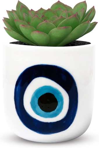Modern Table Top Planter, Small Plant Pot for Home and Office, Hand-Painted Desk Planter, White Ceramic Pots for Plants and Succulents, Evil Eye Nazar Design