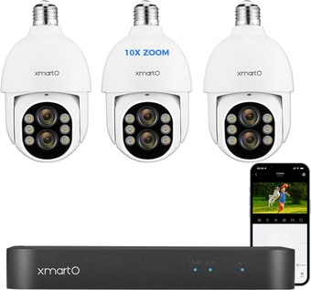 XMARTO 3-Combo Light Bulb Wireless Security Camera with Recorder and Storage, Dual-Lens 10X Zoom, AI Auto Tracking Pan/Tilt/Zoom, 24/7 Auto-Following Surveillance, E27 Socket (4K 10CH 3-Camera Set)