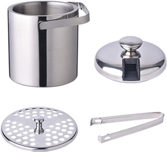Ice Bucket Insulated with Tongs, Lids, Strainer 1.3 QT, Stainless Steel Insulated Double Wall Bar Ice Bucket Set for Wine, Champagne, Whiskey, Vodka, Cocktails, Beer