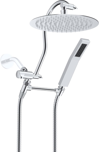 All Metal Shower Head, 10'' High Pressure Rainfall Shower Head, Showerhead Combo/Handheld Shower Wand, 12'' Adjustable Curved Shower Extension Arm, 71'' Shower Hose, 2 Shower Holders, Chrome