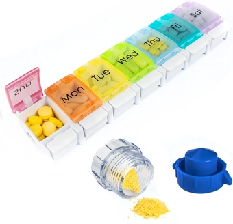 Pill Organizer Weekly, 7 Days Medicine Holder Container Box for Travel, Vitamin Holder case with Spring Open Design, Pill Crusher, Arthritis Friendly, Fish Oil, and Medication Dispenser