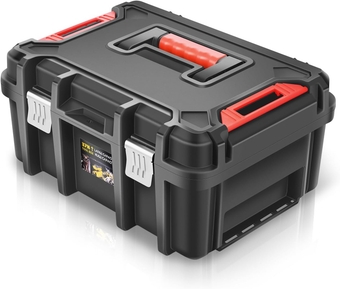 Universal Lockable Organizer Storage Tool Box with Removable Tray For Garage Workshop and Household, High Capacity, Black/Red