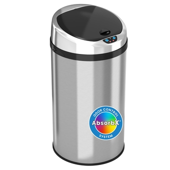 8 Gallon Touchless Kitchen Trash Odor Control System, Stainless Steel, Round Garbage Bin for Home or Office, Sensor Can, 08 Gallon