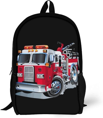 Fire Truck Backpack for Teen Boys Kids, Cool Red Cartoon Firetruck Car on White Daypack Elementary Middle College School Bookbag Rucksack Funny Water Resistant Travel Bags Large 17"