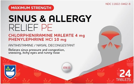 Sinus & Allergy Relief PE Tablets, Maximum Strength- 24 Count | Antihistamine and Nasal Decongestant | 4 Hour Allergy Medication | Allergy and Congestion Relief