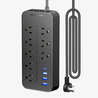 Surge Protector Power Strip Flat Plug with USB Ports,  Outlet Extender with Extension Cord 6 feet 8 AC outlets 1700 Joules,Mountable, Black (Without Night Light) (Bright Black, Middle)