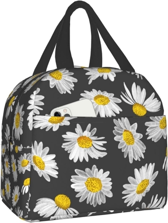 Black Daisies Print Lunch Box, Kawaii Small Insulation Lunch Bag, Reusable Food Bag Lunch Containers Bags for Women Men