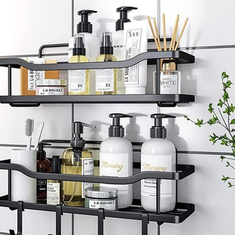 Shower Caddy 4-Pack, Self Adhesive Shower Organizer Storage Basket with 2 Soap Dishes 4 Hooks, Large Capacity Shampoo Holder Stainless Steel Shower Shelf Rack for Kitchen and Bathroom