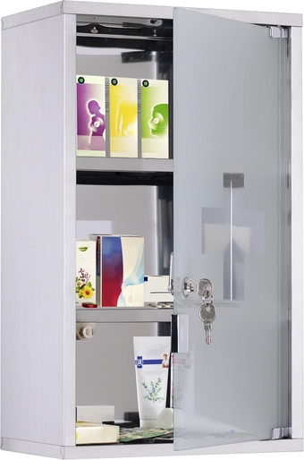 kleankin Wall Mounted Medicine Cabinet, Locking Wall Cabinet with 3 Tier Shelves, Stainless Steel Frame and Glass Door, Lockable with 2 Keys, Silver, 12" x 20"